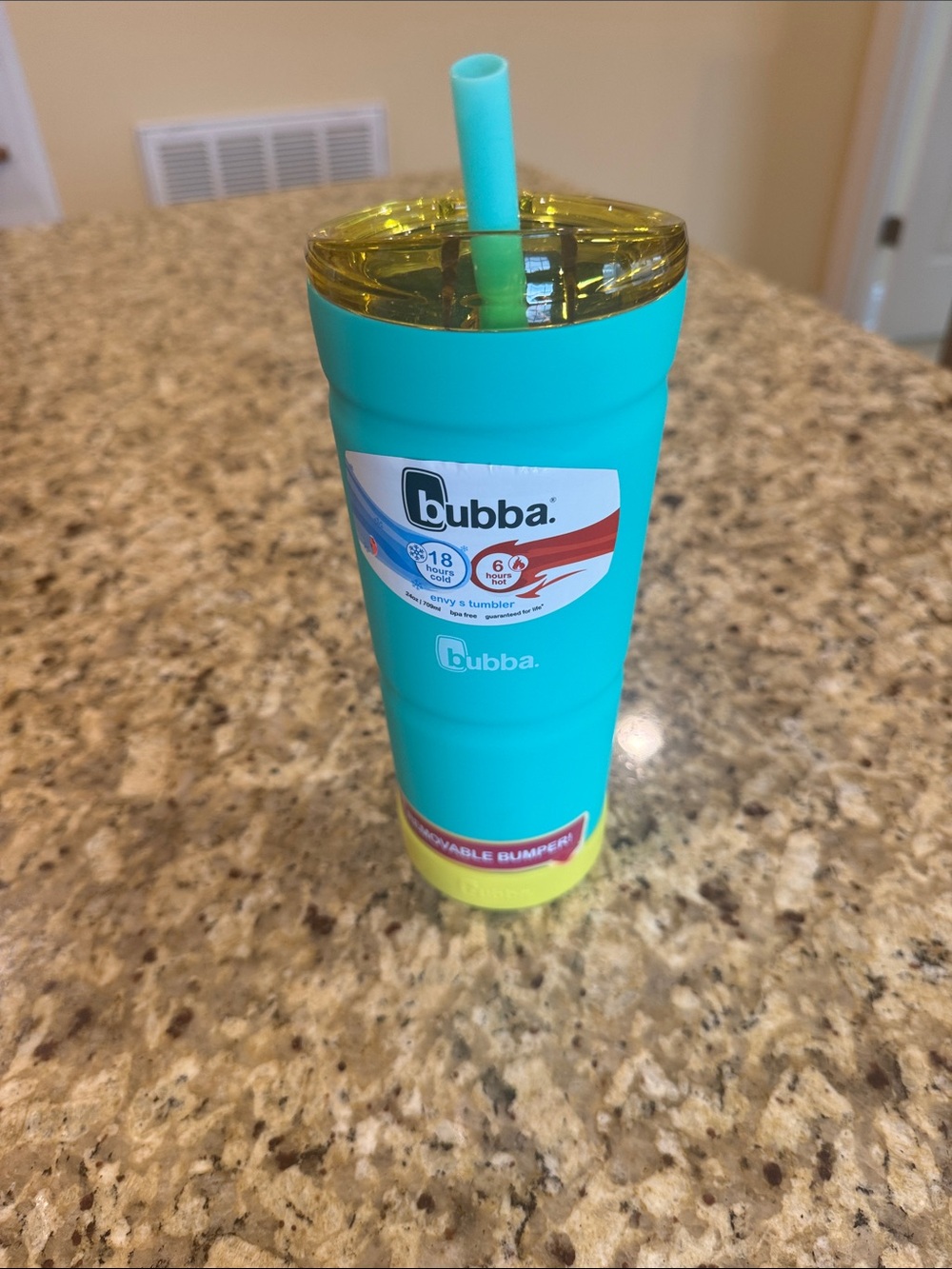 Bubba Teal Travel Tumbler with Yellow Lid and Straw